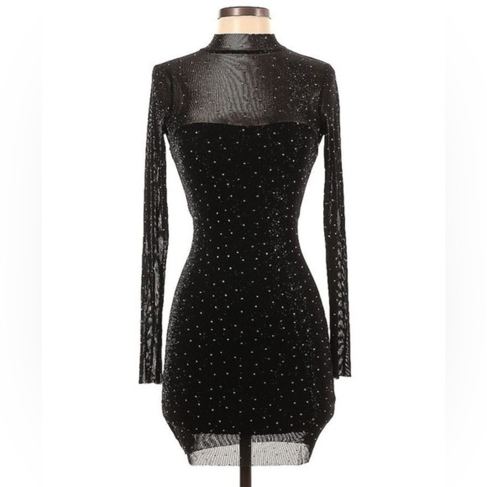 Audrey Parks Black Sheer Rhinestone Studded Bodycon Mini Dress Womens S - Picture 1 of 9